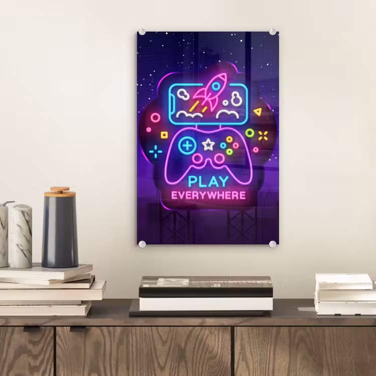 Glas schilderij - Gaming - Neon - Play - Blauw - Nacht - Controller — 2