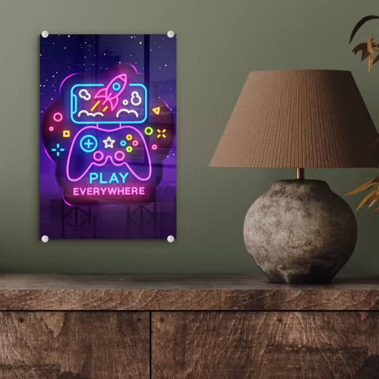 Glas schilderij - Gaming - Neon - Play - Blauw - Nacht - Controller — 4
