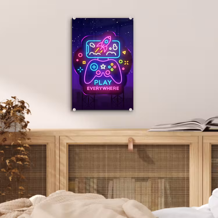 Glas schilderij - Gaming - Neon - Play - Blauw - Nacht - Controller — 5
