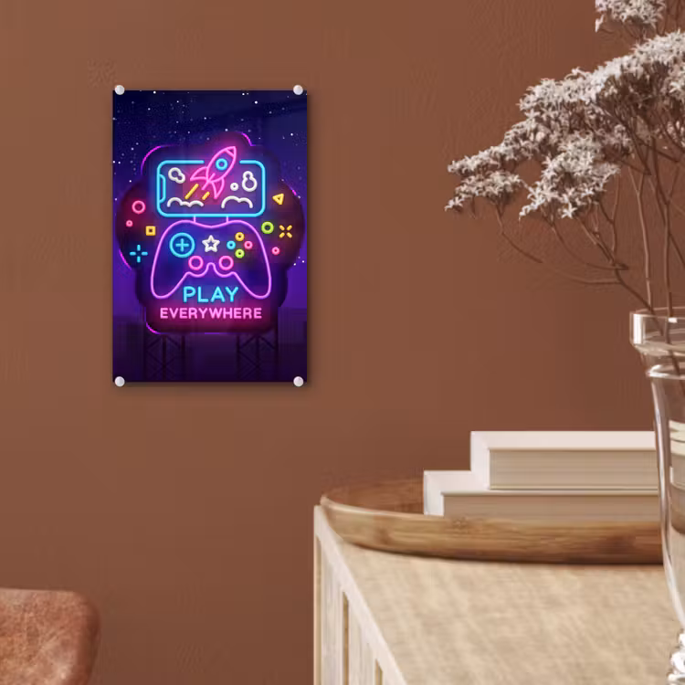 Glas schilderij - Gaming - Neon - Play - Blauw - Nacht - Controller — 6
