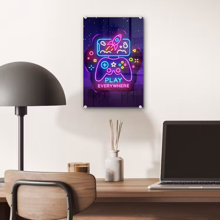 Glas schilderij - Gaming - Neon - Play - Blauw - Nacht - Controller — 7