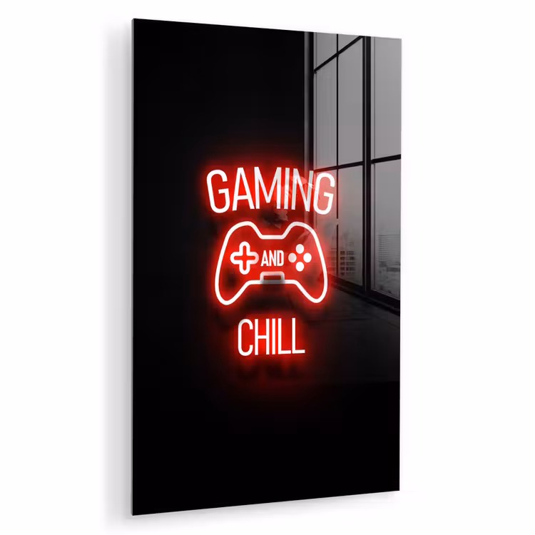 Glas schilderij - Gaming - Quotes - Gaming and chill - Neon - Rood — 1