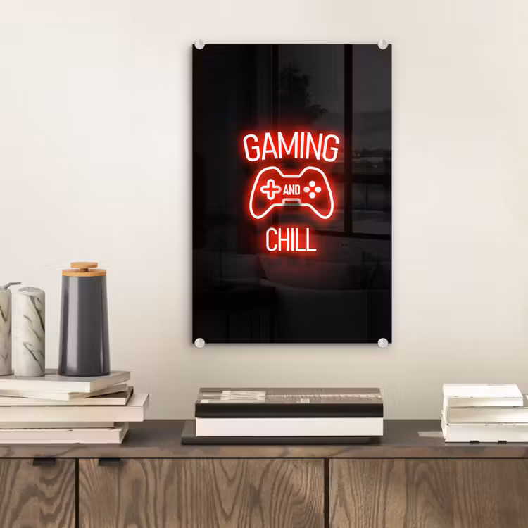 Glas schilderij - Gaming - Quotes - Gaming and chill - Neon - Rood — 2