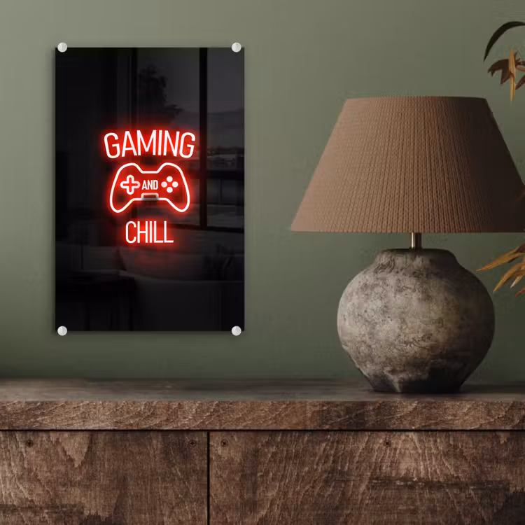Glas schilderij - Gaming - Quotes - Gaming and chill - Neon - Rood — 4