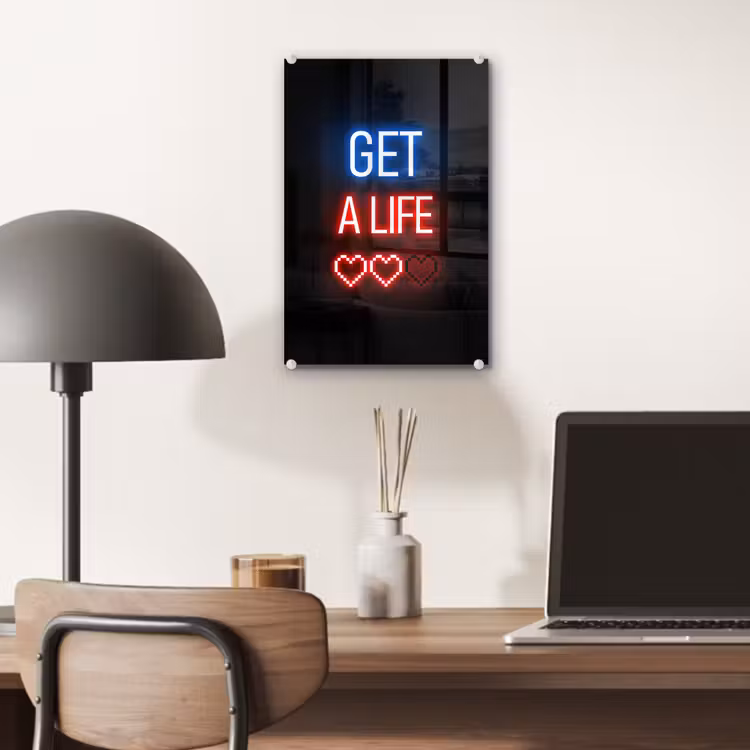 Glas schilderij - Gaming - Tekst - Get a life - Neon - Zwart — 7