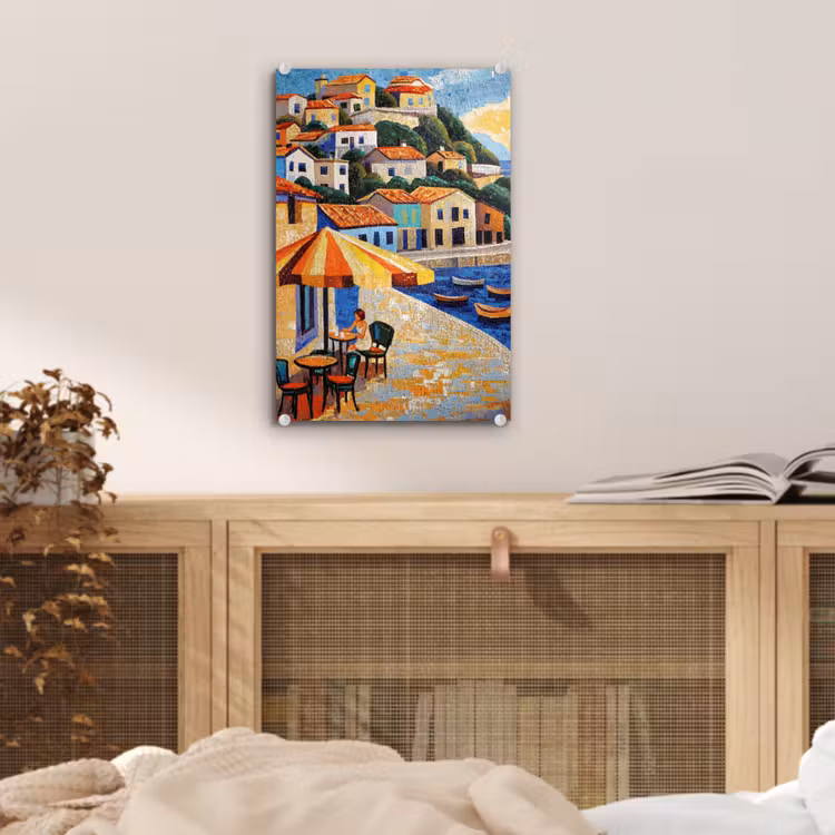Glas schilderij - Kustdorp - Huisjes - Mozaïek - Zee — 5
