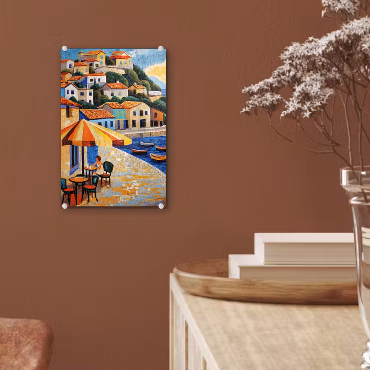 Glas schilderij - Kustdorp - Huisjes - Mozaïek - Zee — 6