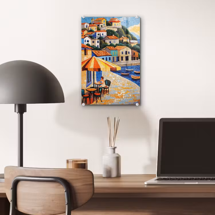 Glas schilderij - Kustdorp - Huisjes - Mozaïek - Zee — 7