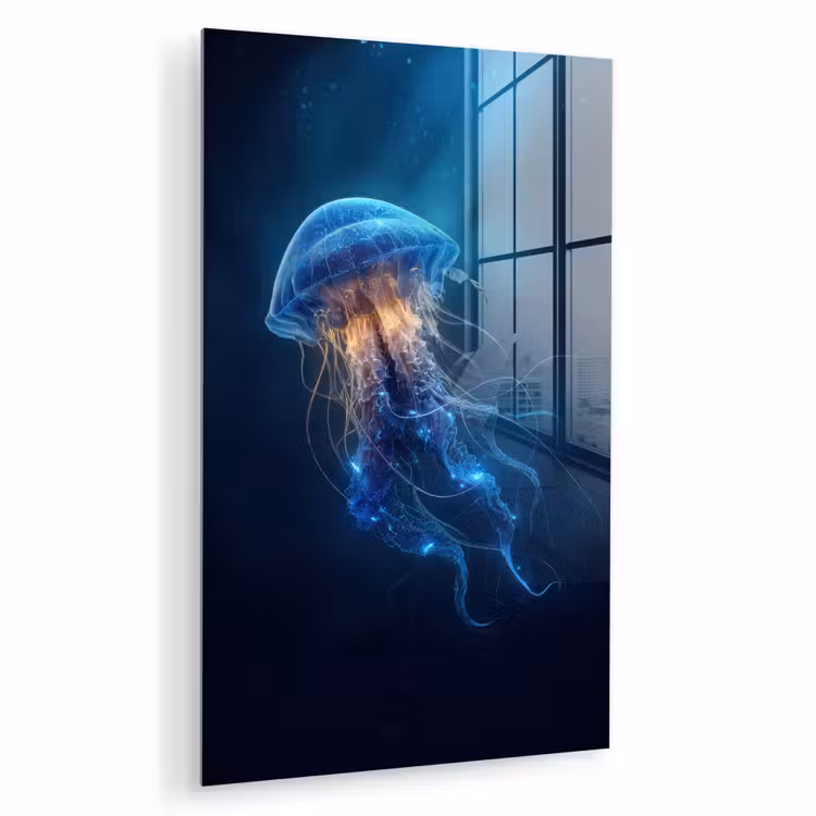 Glas schilderij - Kwal - Lichtgevend - Tentakels - Blauw — 1