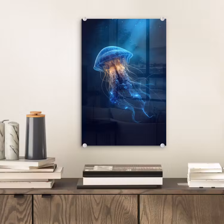 Glas schilderij - Kwal - Lichtgevend - Tentakels - Blauw — 2
