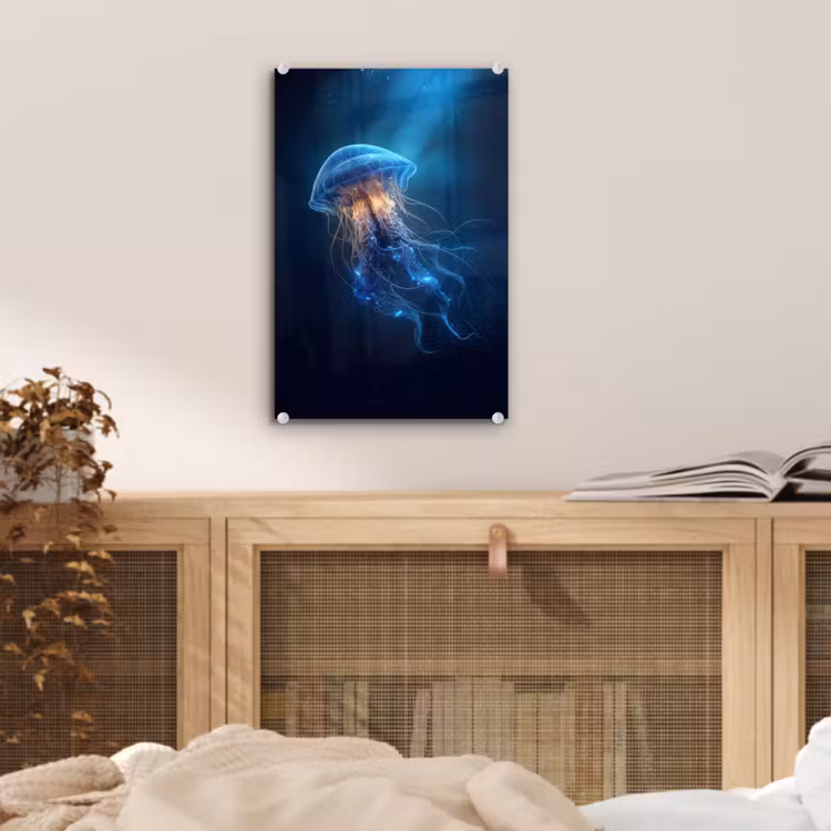 Glas schilderij - Kwal - Lichtgevend - Tentakels - Blauw — 5