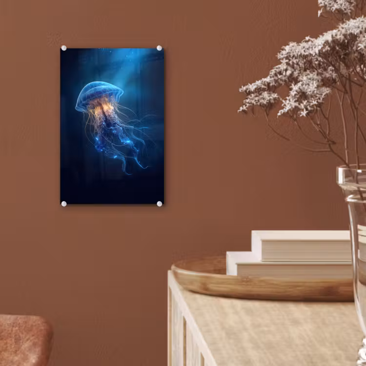 Glas schilderij - Kwal - Lichtgevend - Tentakels - Blauw — 6