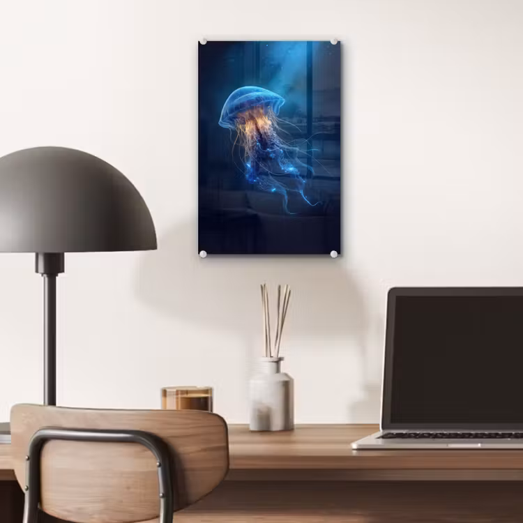 Glas schilderij - Kwal - Lichtgevend - Tentakels - Blauw — 7