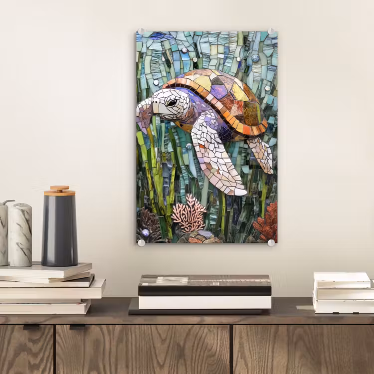 Glas schilderij - Schildpad - Zeewier - Mozaïek — 2