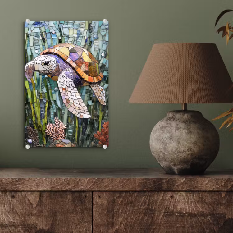 Glas schilderij - Schildpad - Zeewier - Mozaïek — 4