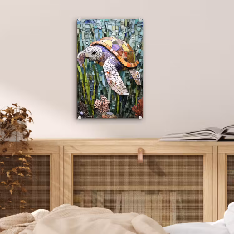 Glas schilderij - Schildpad - Zeewier - Mozaïek — 5