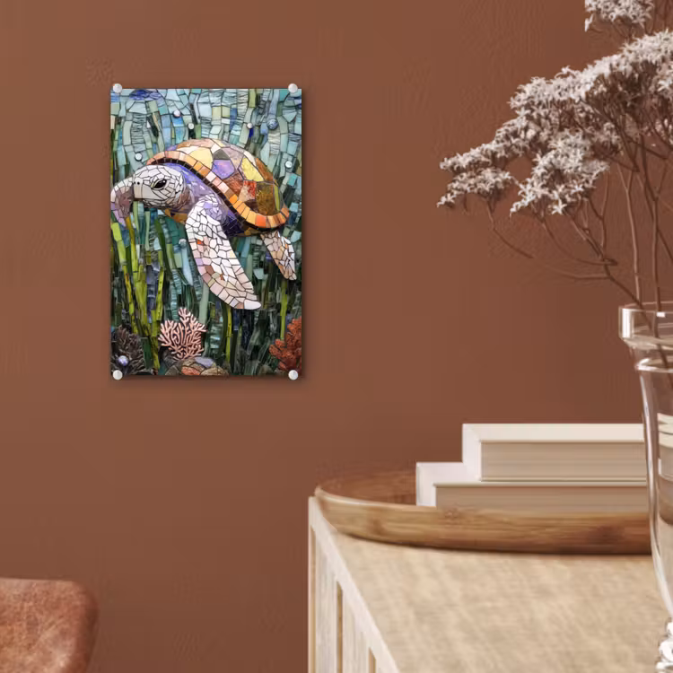 Glas schilderij - Schildpad - Zeewier - Mozaïek — 6