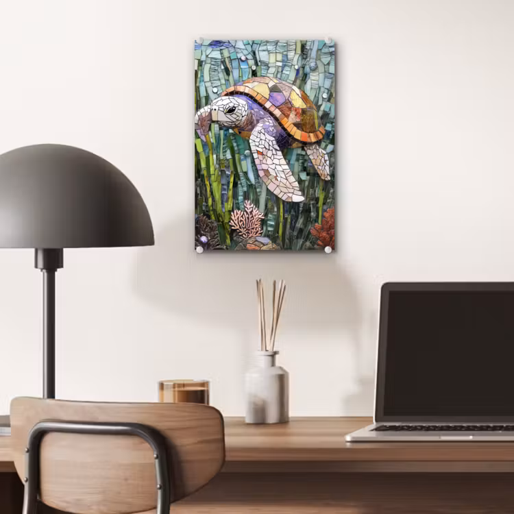 Glas schilderij - Schildpad - Zeewier - Mozaïek — 7