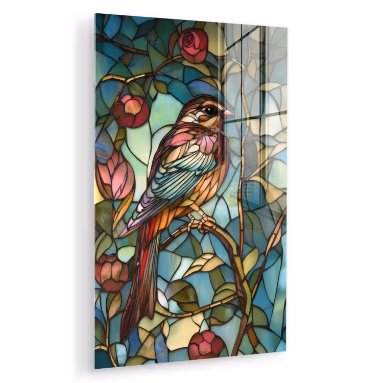 Glas schilderij - Vogel - Tak - Rozen - Mozaïek — 1