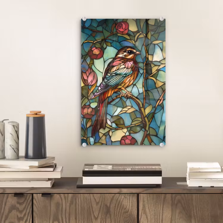 Glas schilderij - Vogel - Tak - Rozen - Mozaïek — 2