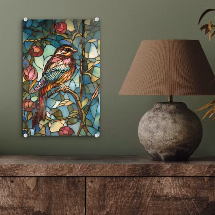 Glas schilderij - Vogel - Tak - Rozen - Mozaïek — 4