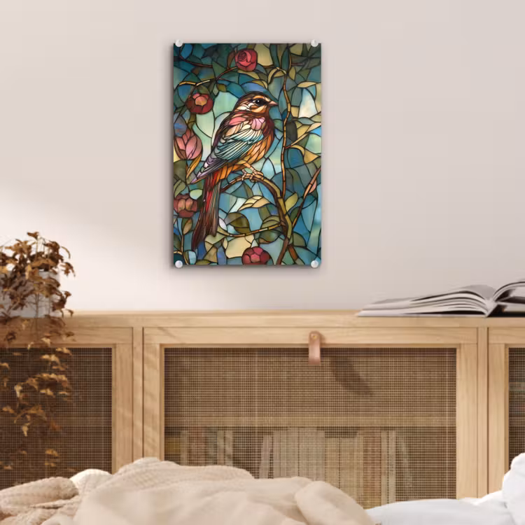 Glas schilderij - Vogel - Tak - Rozen - Mozaïek — 5