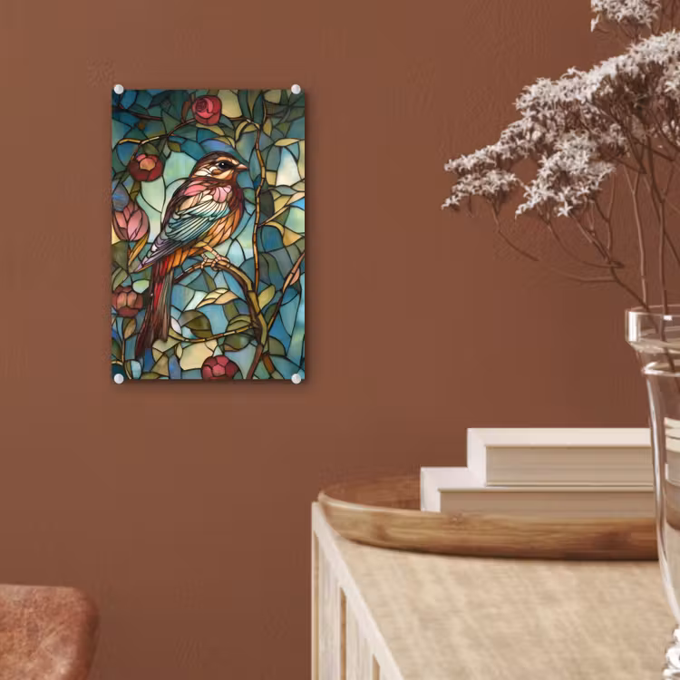 Glas schilderij - Vogel - Tak - Rozen - Mozaïek — 6