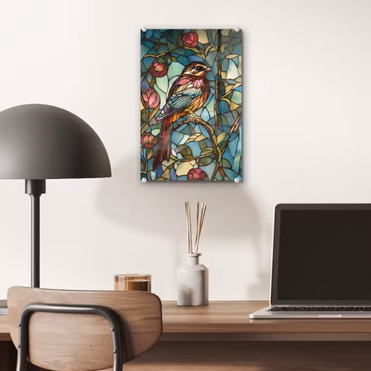 Glas schilderij - Vogel - Tak - Rozen - Mozaïek — 7