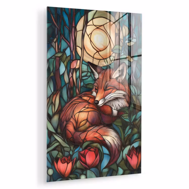Glas schilderij - Vos - Mozaïek - Bos - Maan — 1