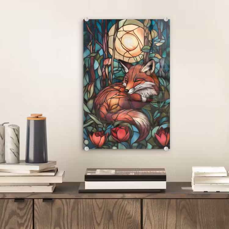 Glas schilderij - Vos - Mozaïek - Bos - Maan — 2