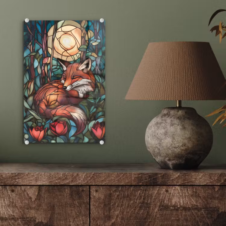 Glas schilderij - Vos - Mozaïek - Bos - Maan — 4