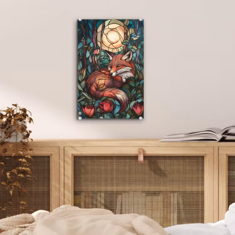 Glas schilderij - Vos - Mozaïek - Bos - Maan — 5