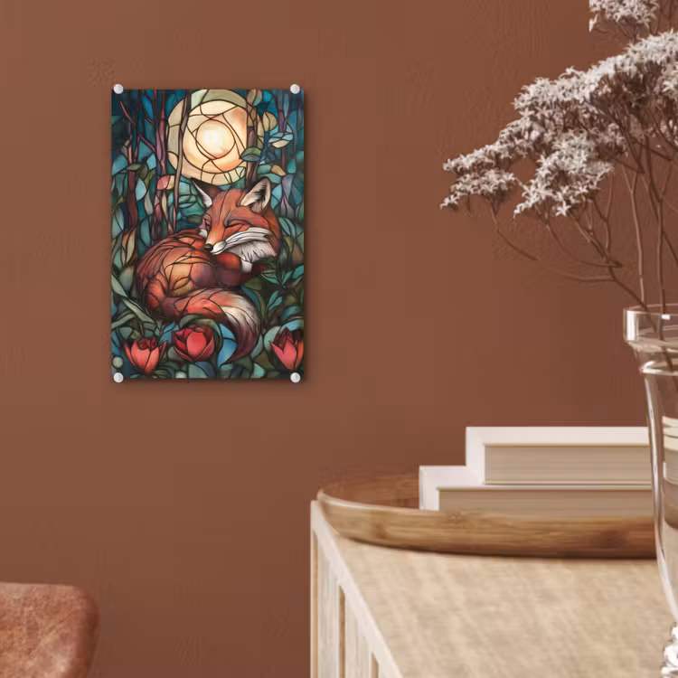 Glas schilderij - Vos - Mozaïek - Bos - Maan — 6