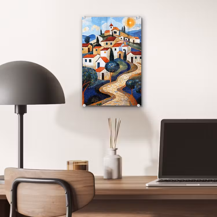 Glas schilderij - Dorp - Heuvelachtig - Zon - Mozaïek — 7