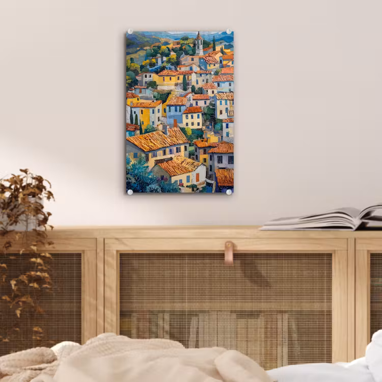 Glas schilderij - Dorp - Heuvels - Landschap - Bomen — 5