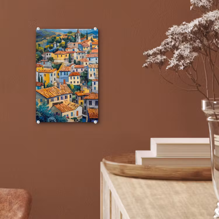 Glas schilderij - Dorp - Heuvels - Landschap - Bomen — 6