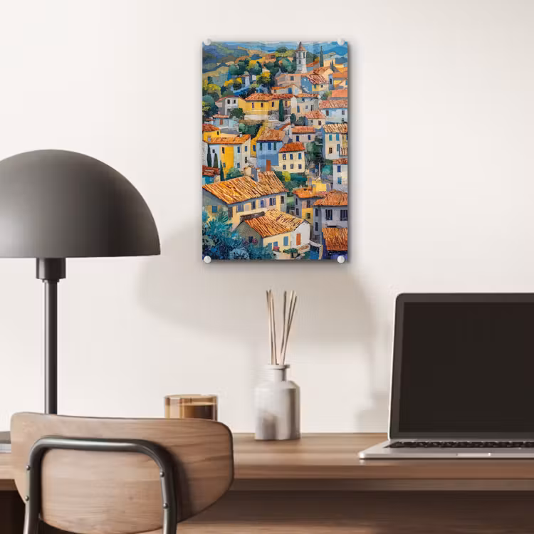 Glas schilderij - Dorp - Heuvels - Landschap - Bomen — 7