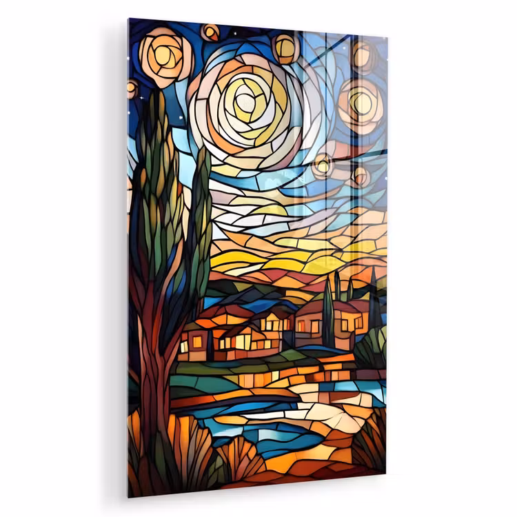 Glas schilderij - Hemel - Sterren - Mozaïek - Huizen — 1