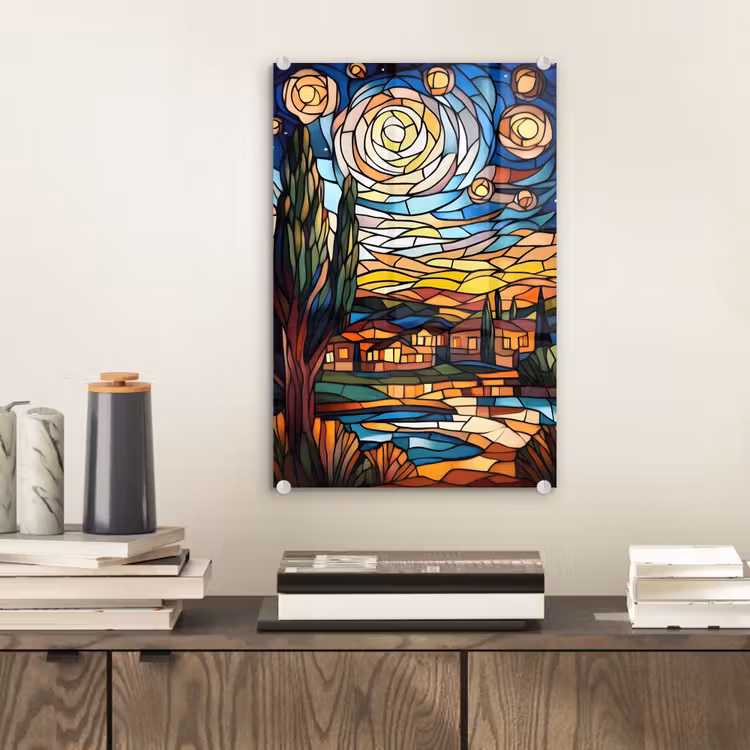 Glas schilderij - Hemel - Sterren - Mozaïek - Huizen — 2