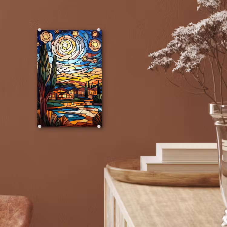 Glas schilderij - Hemel - Sterren - Mozaïek - Huizen — 6