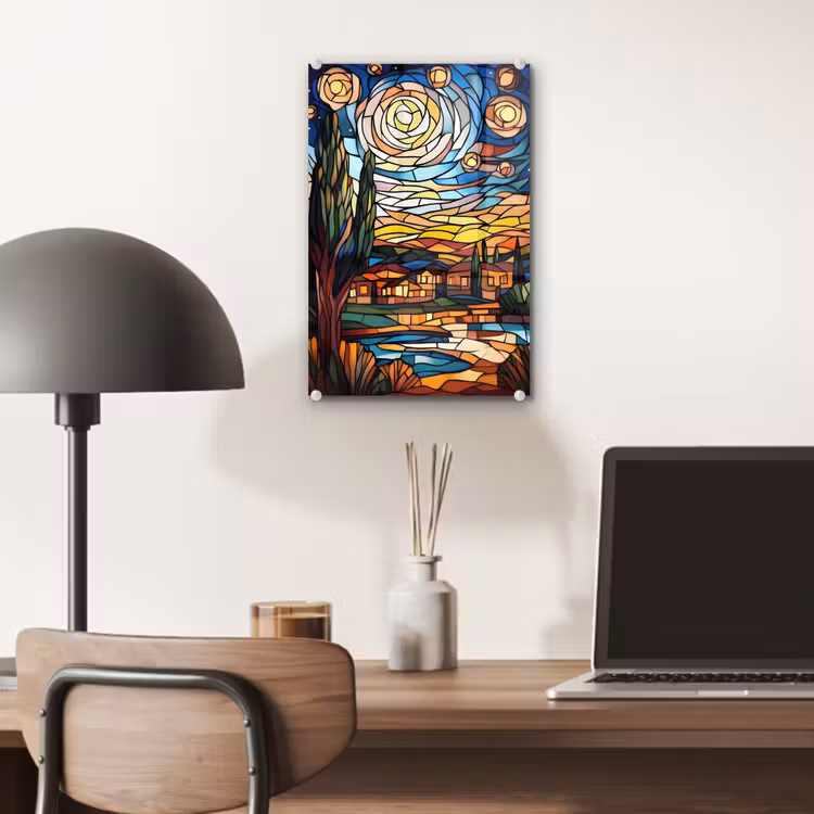 Glas schilderij - Hemel - Sterren - Mozaïek - Huizen — 7