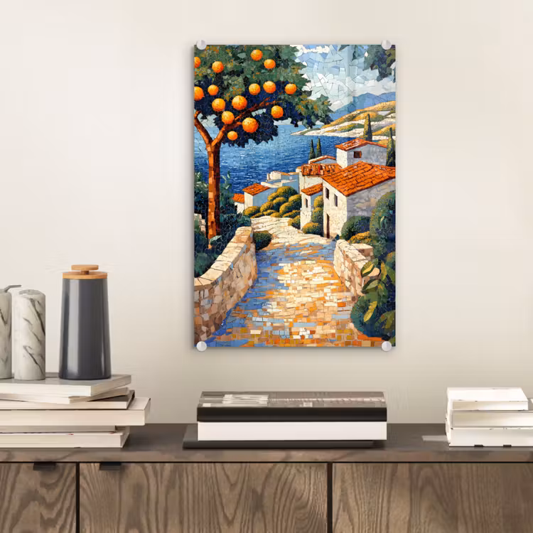 Glas schilderij - Huizen - Mozaïek - Sinaasappelbomen - Zee — 2