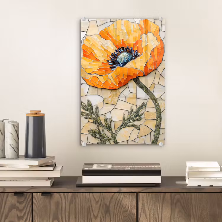 Glas schilderij - Klaprozen - Oranje - Mozaïek - Bladeren — 2