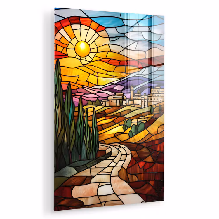 Glas schilderij - Mozaïek - Zon - Landschap - Dorp — 1