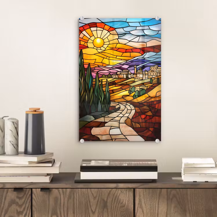 Glas schilderij - Mozaïek - Zon - Landschap - Dorp — 2