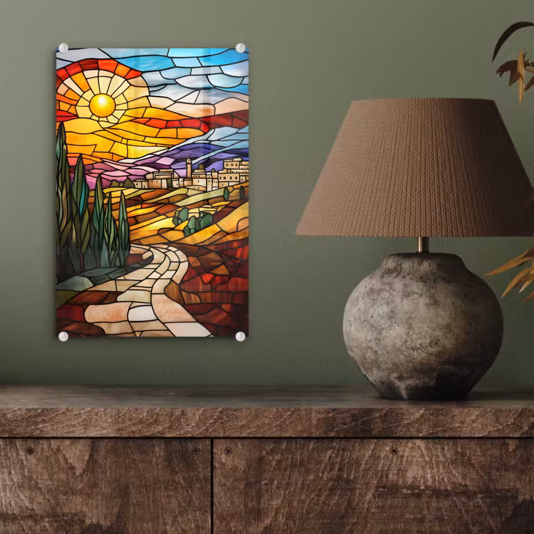 Glas schilderij - Mozaïek - Zon - Landschap - Dorp — 4