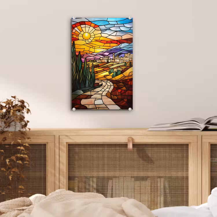 Glas schilderij - Mozaïek - Zon - Landschap - Dorp — 5