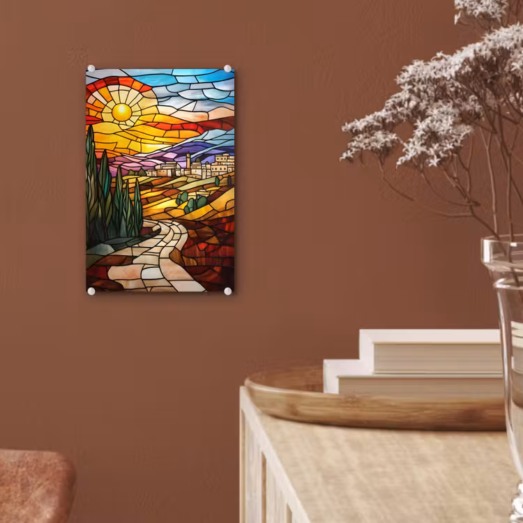 Glas schilderij - Mozaïek - Zon - Landschap - Dorp — 6