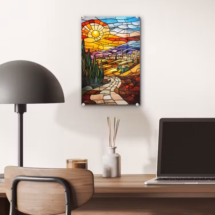 Glas schilderij - Mozaïek - Zon - Landschap - Dorp — 7