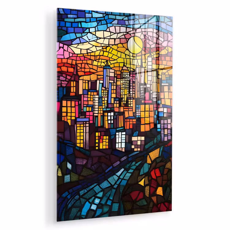 Glas schilderij - Stad - Maan - Mozaïek - Kleurrijk — 1